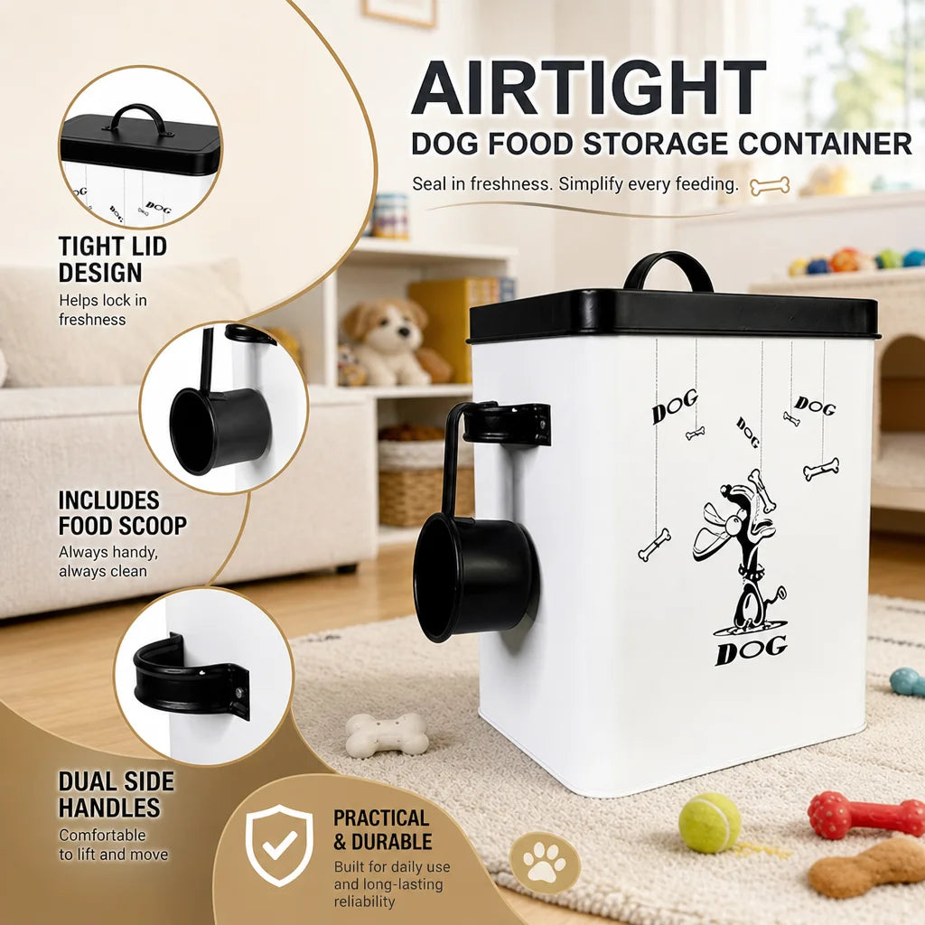Airtight Metal Dog Food Storage Container with Scoop, Pet Food Bin for Dry Food, Large Capacity Dog Treat Dispenser, Pet Supplie