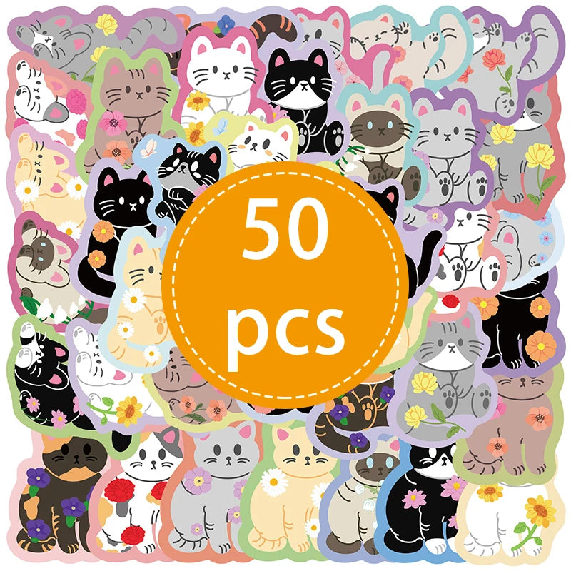 50PCS Colorful Edge Flower Cat Cartoon Graffiti Stickers DIY Stationery Suitcases Notebook Creative Aesthetics Decals Kids Toys