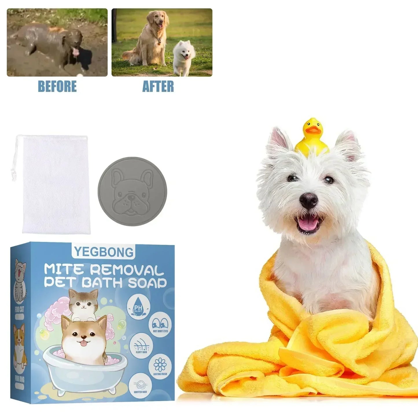 Anti Mite Pet Soap Bar for Dogs Cats, Deodorizing Itch Relief Bath Soap, Flea Odor Control Cleansing, Smooth Coat Grooming
