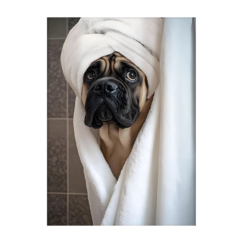 Cute Shower Dog Bathroom Decor Poster Dog in Bathtub Print Animal Murals Canvas Painting for Home Decor Dog Lover Gifts