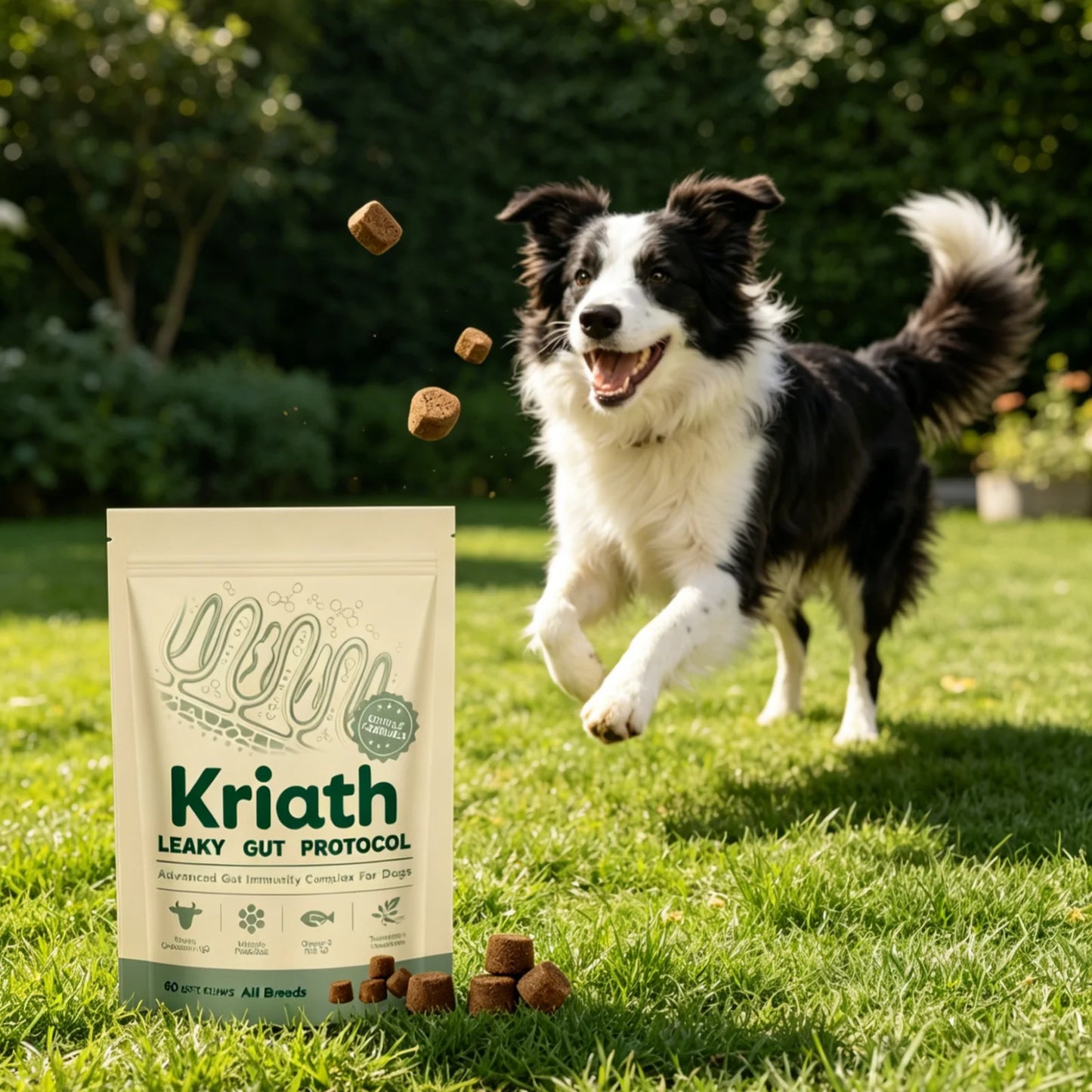 Suplemento Kriath Daily Gut Care Alivia o desconforto gastrointestinal Cabelos macios e sedosos Protege a saúde Probiótico em soft chew para cães