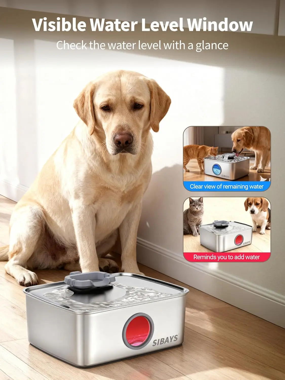 Fuente de agua grande para perros de acero inoxidable de 4 galones/15 litros con luz LED, dispensador automático silencioso para hogares con varias mascotas, fácil de limpiar