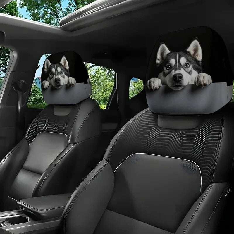 Husky Dog Print Car Headrest Cover 2pcs Cute Husky Pattern Easy Install Seat Protector