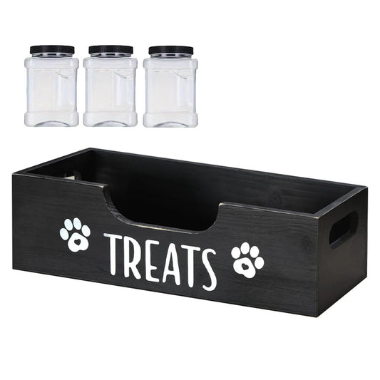 Wooden Pet Snack Storage Box with Plastic Treat Jar Food Storage Holder (Black) Happy Tails Pet Shop Store