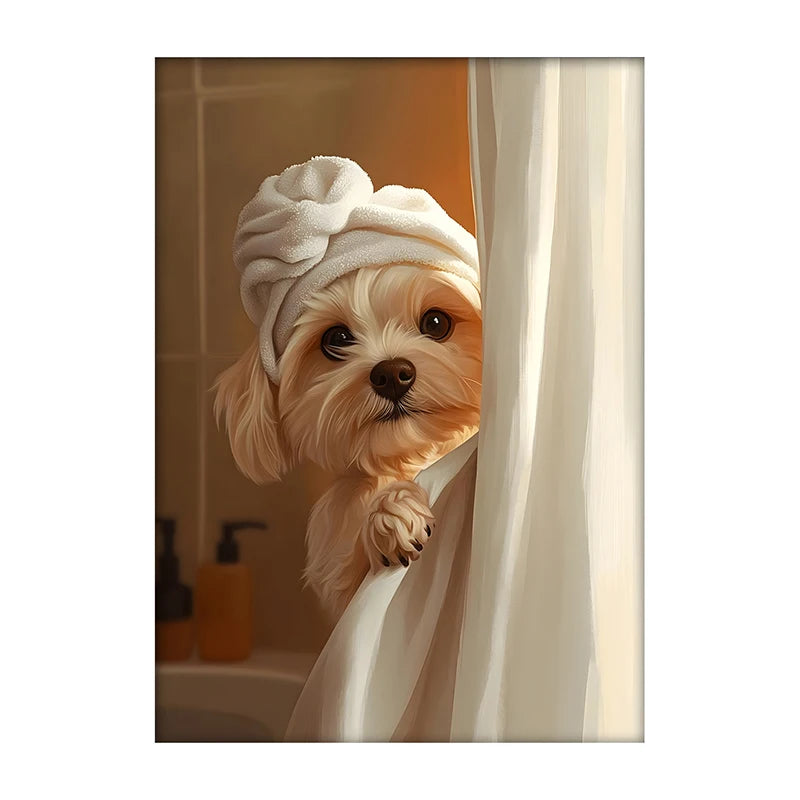 Cute Shower Dog Bathroom Decor Poster Dog in Bathtub Print Animal Murals Canvas Painting for Home Decor Dog Lover Gifts