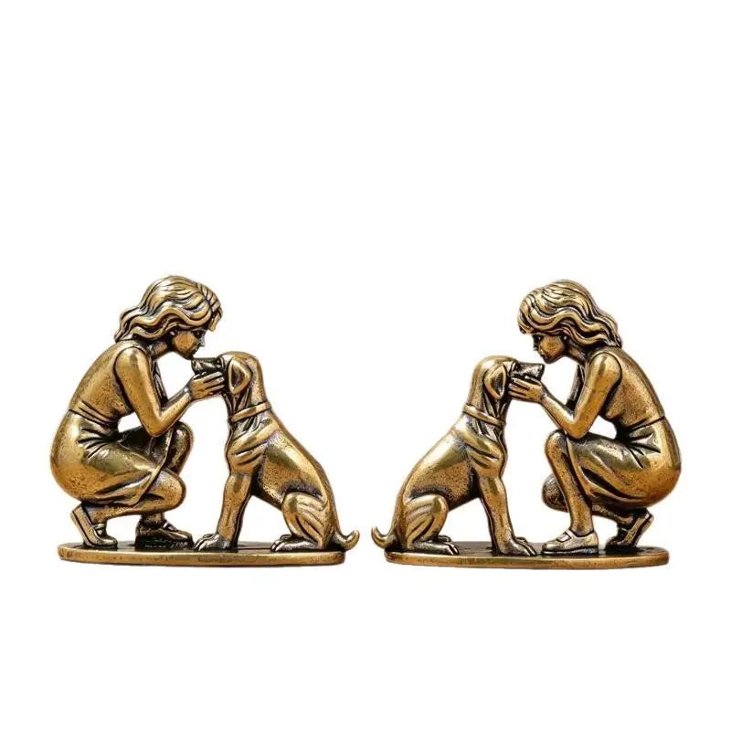 Brass Girl and Dog Statue Small Creative Retro Ornament Solid Brass Decor for Home Office Desk Shelf Display Happy Tails Pet Shop