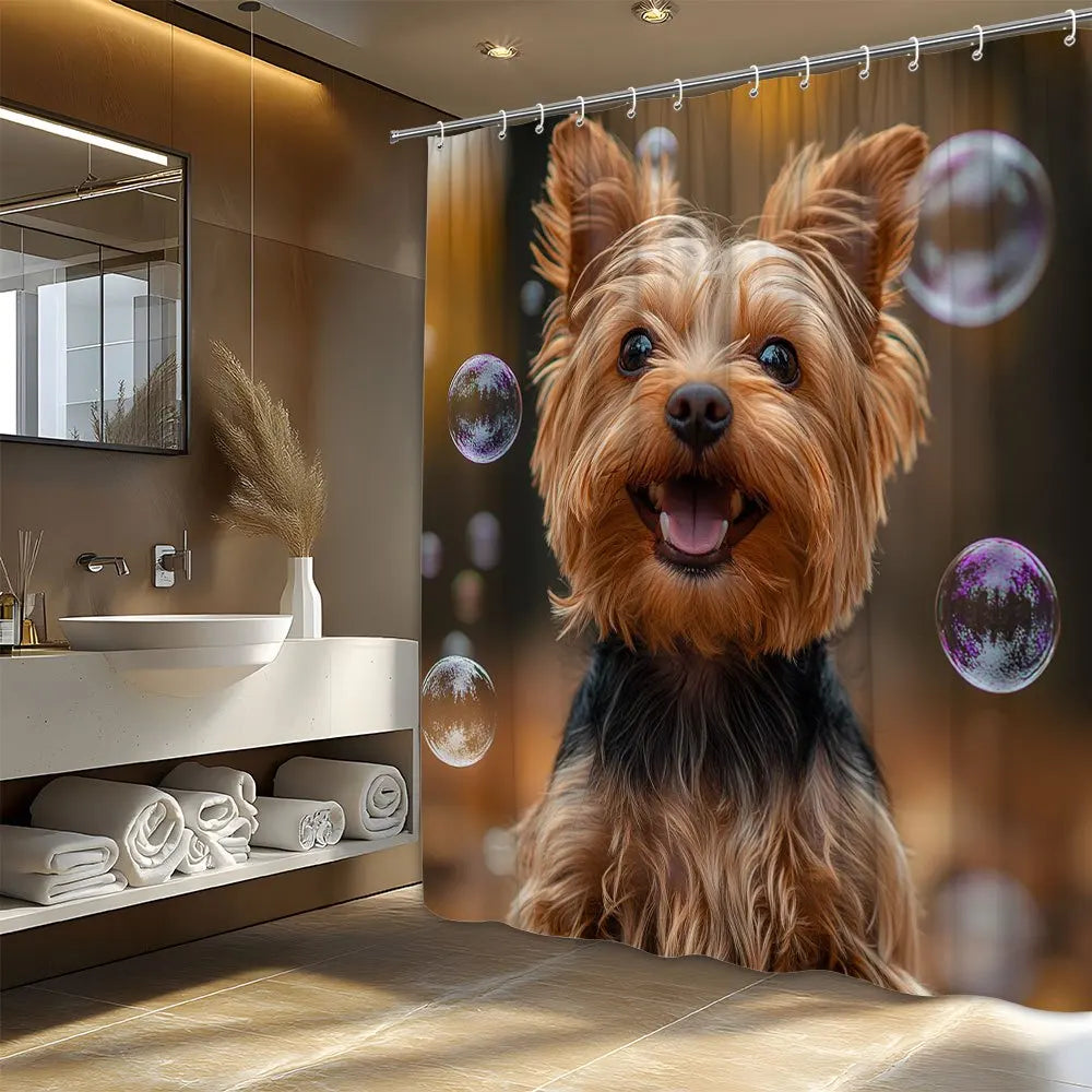 Yorkshire Terrier Puppy Shower Curtain, Cute Dog with Bubbles, Realistic Pet Print, Funny Animal Bathroom Decor, Waterproof