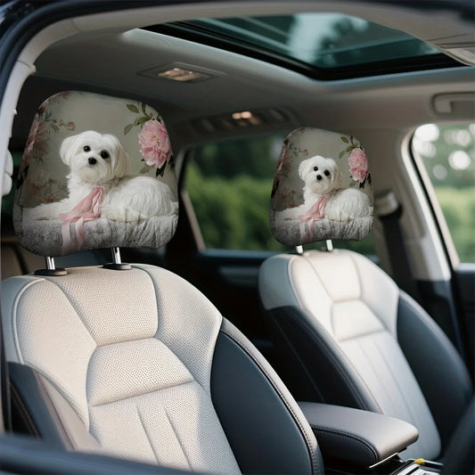 2pcs 2D Flat Printing Car Headrest Covers Classic Stylish Simple Maltese Dog Pink Bow Flowers for Adjustable and Reusable