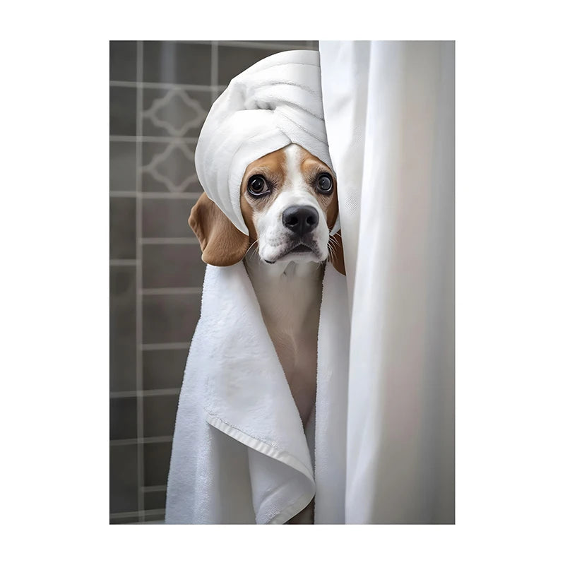 Cute Shower Dog Bathroom Decor Poster Dog in Bathtub Print Animal Murals Canvas Painting for Home Decor Dog Lover Gifts