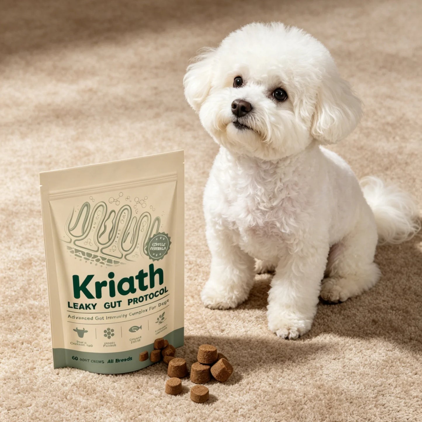 Suplemento Kriath Daily Gut Care Alivia o desconforto gastrointestinal Cabelos macios e sedosos Protege a saúde Probiótico em soft chew para cães