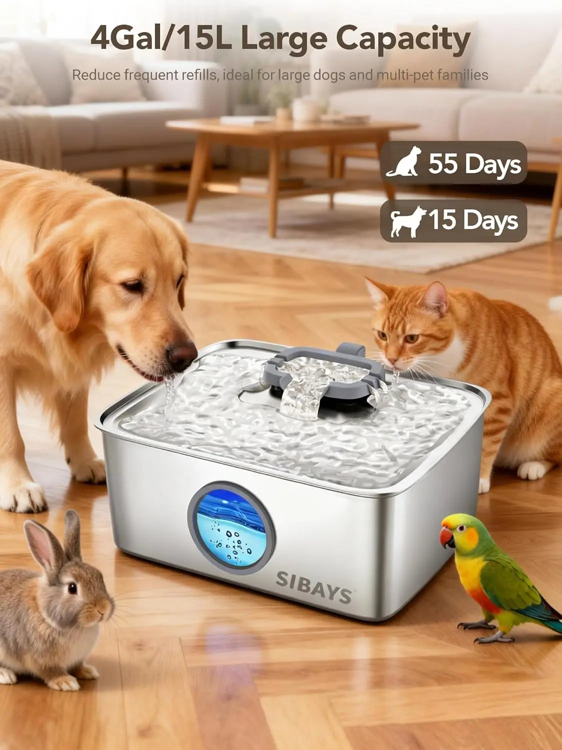 Fuente de agua grande para perros de acero inoxidable de 4 galones/15 litros con luz LED, dispensador automático silencioso para hogares con varias mascotas, fácil de limpiar
