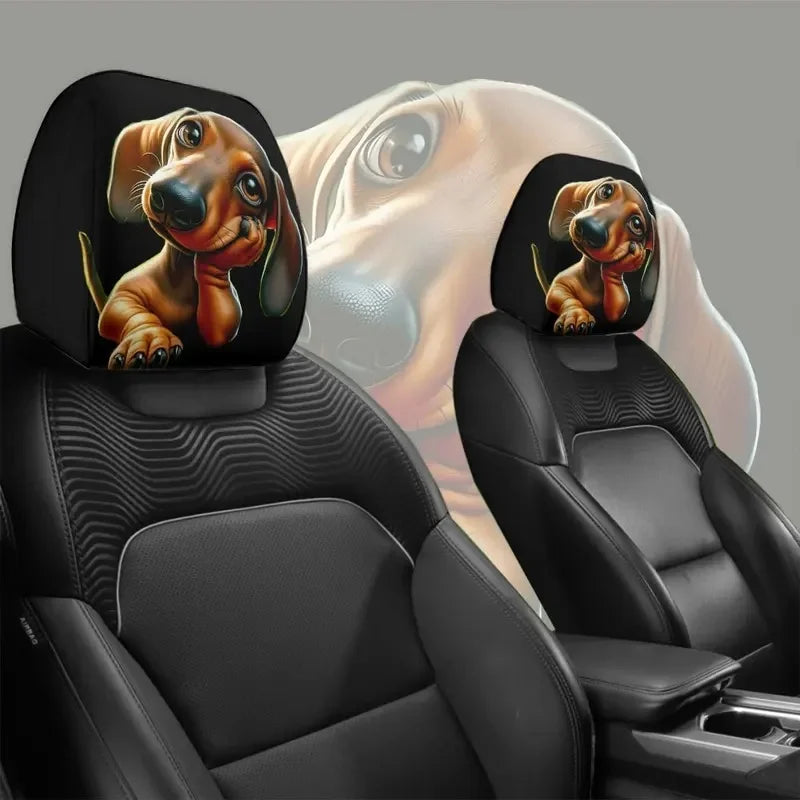 2PCS Cute Dachshund Dog Car Headrest Covers, Stain & Oil Resistant Elastic Protector, Comfortable Universal Fit for All Cars