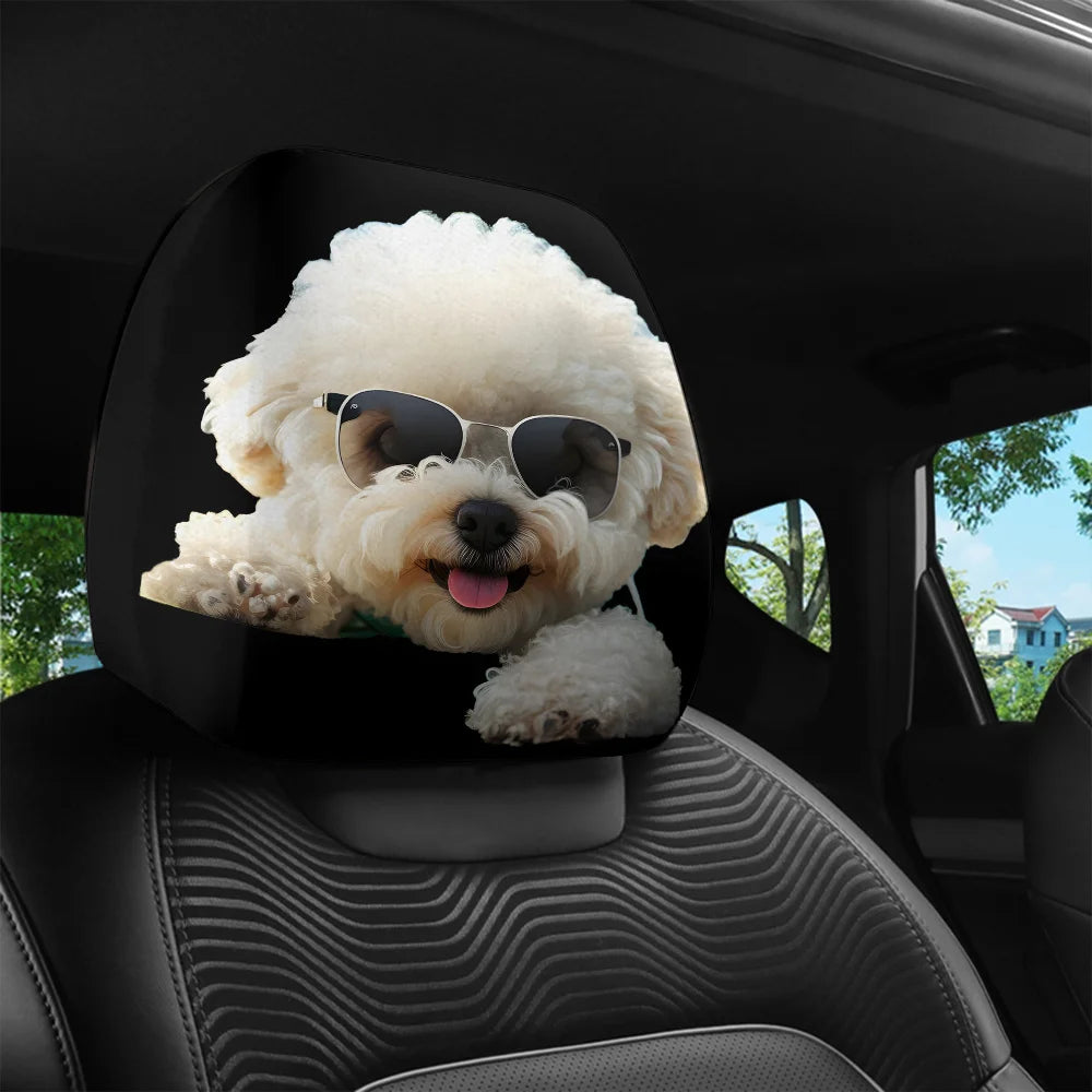 2pcs, Glasses Cute Pet Dog Print Car Headrest Covers, Interior Decoration, Elastic Design, No Filling Material, Easy Installatio