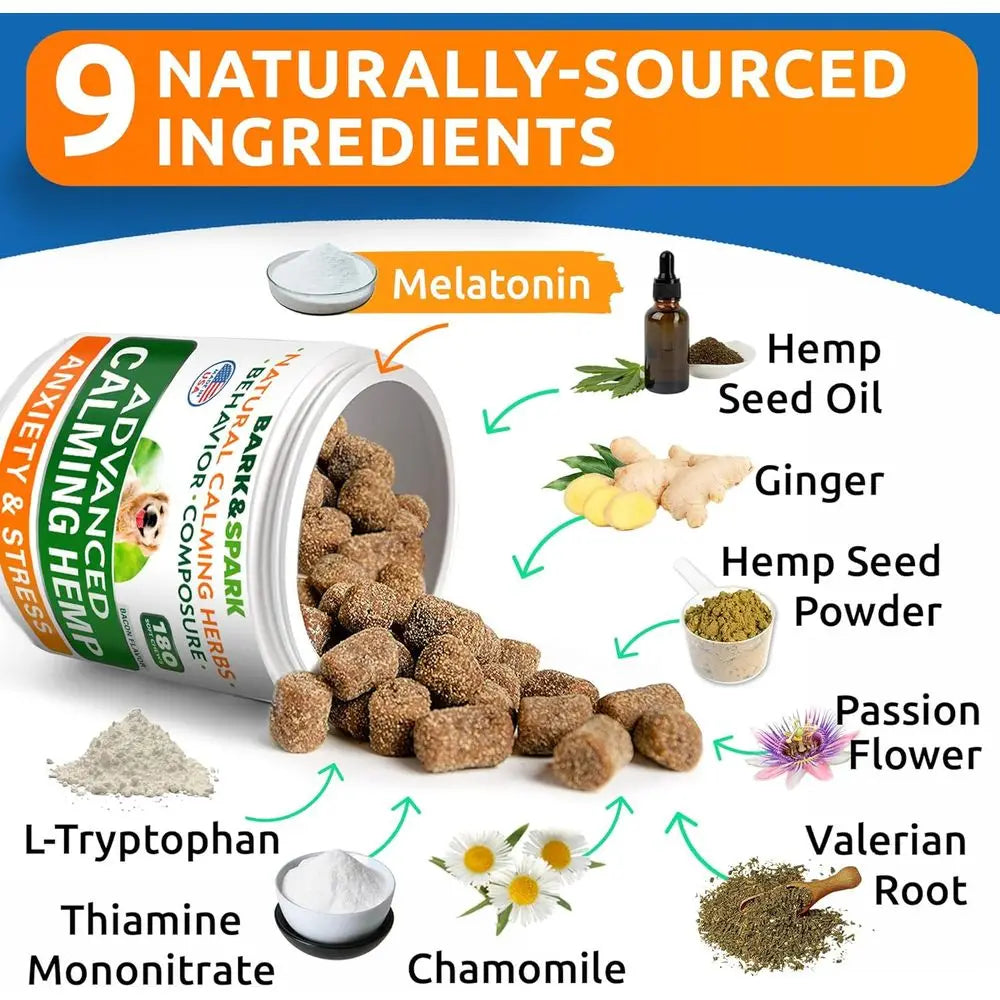 Friandises apaisantes au chanvre BARK&SPARK pour chiens-Huile de chanvre + Mélatonine-Soulage l'anxiété-Aide à la séparation-Soulage le stress