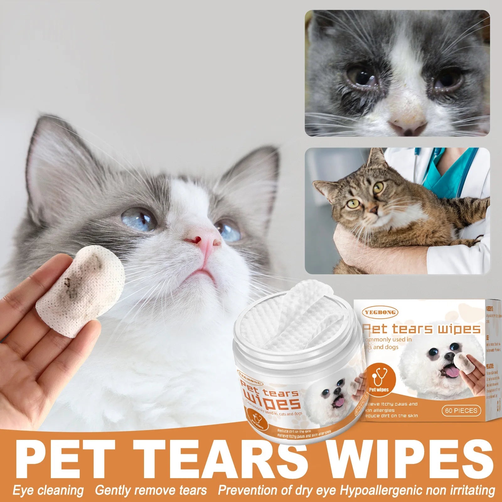 Cat Eye Wet Wipes Tear Stain Gentle Cleaning Eye Dirt Odor Removal Itching Irritation Relief Eye Grooming Pet Portable Wet Towel Happy Tails Pet Shop Store