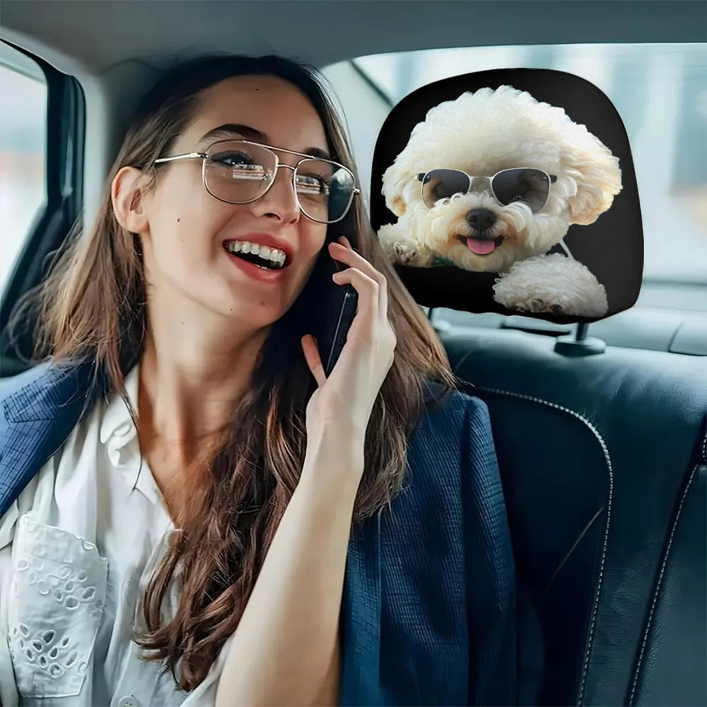 2pcs, Glasses Cute Pet Dog Print Car Headrest Covers, Interior Decoration, Elastic Design, No Filling Material, Easy Installatio
