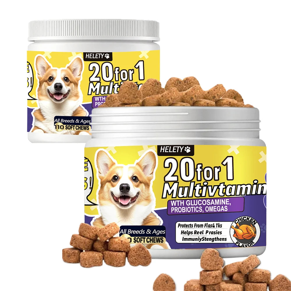 20-in-1 Dog Multivitamin Soft Chews Skin Coat Immune Gut Health Support Vitamins Minerals Omega-3 Iron Zinc Supplement for Dogs Happy Tails Pet Shop Store