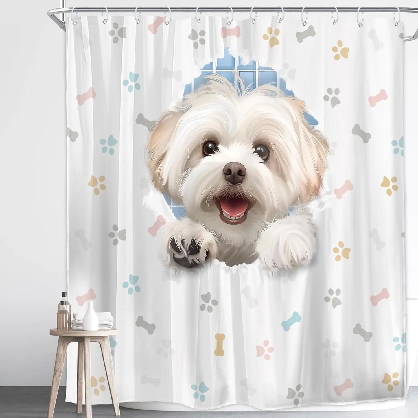Peeking Puppy Shower Curtain Cute Dog with Bones Bathroom Decor Funny Animal Bath Curtain for Kids Room Decoration