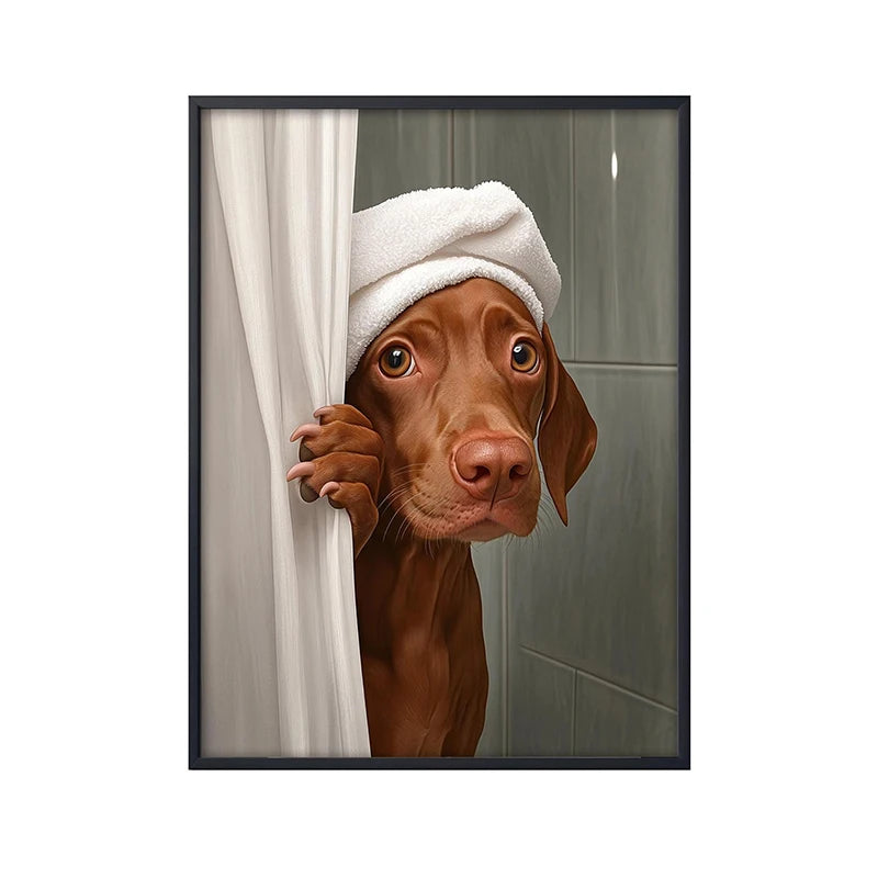 Cute Shower Dog Bathroom Decor Poster Dog in Bathtub Print Animal Murals Canvas Painting for Home Decor Dog Lover Gifts