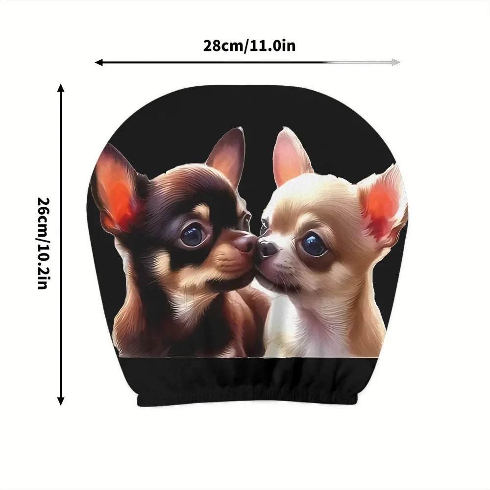 Universal Cute Chihuahua Printed Car Headrest Cover 2pcs Polyester Washable Easy Install All Season Dog Pattern Auto Interior