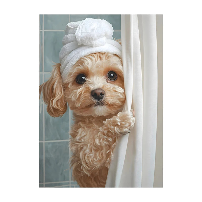 Cute Shower Dog Bathroom Decor Poster Dog in Bathtub Print Animal Murals Canvas Painting for Home Decor Dog Lover Gifts