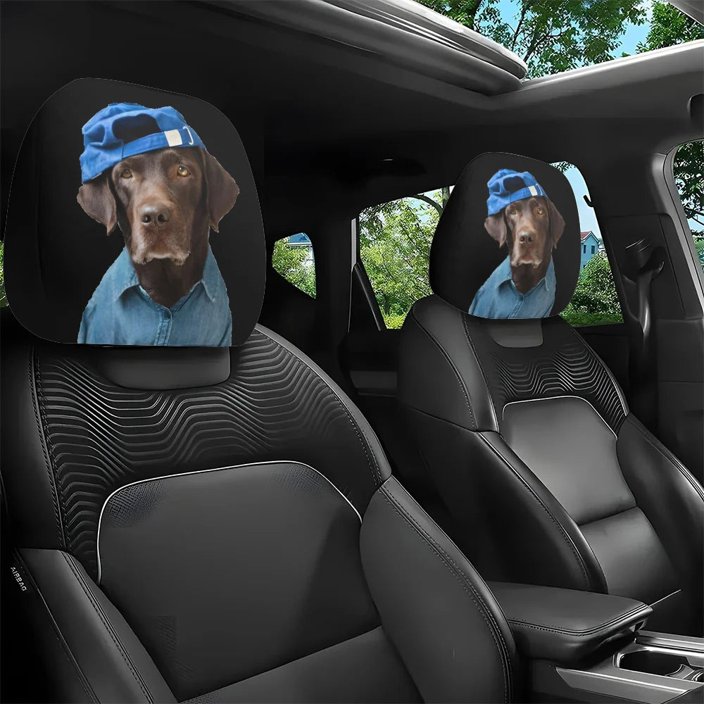 2pcs, Cool Trendy Dog Print Car Headrest Covers, Interior Decoration, Universal Stylish Seat Protectors, Washable, Easy To Insta