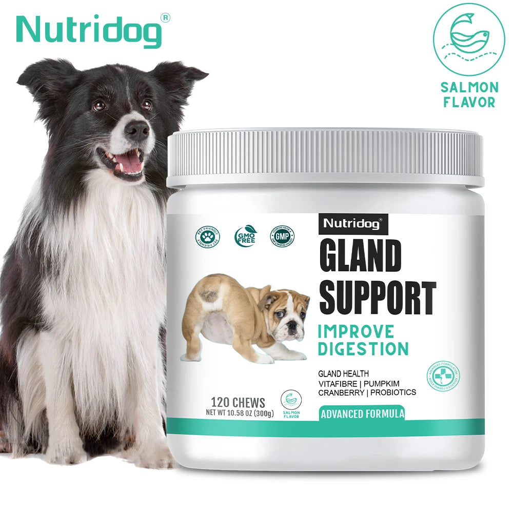 NUTRIDOG Dog Anal Gland Support  Pumpkin Seed Probiotics Digestive Enzymes Scoot Relief Digestive Health 120 PCS/Bottle Happy Tails Pet Shop Store