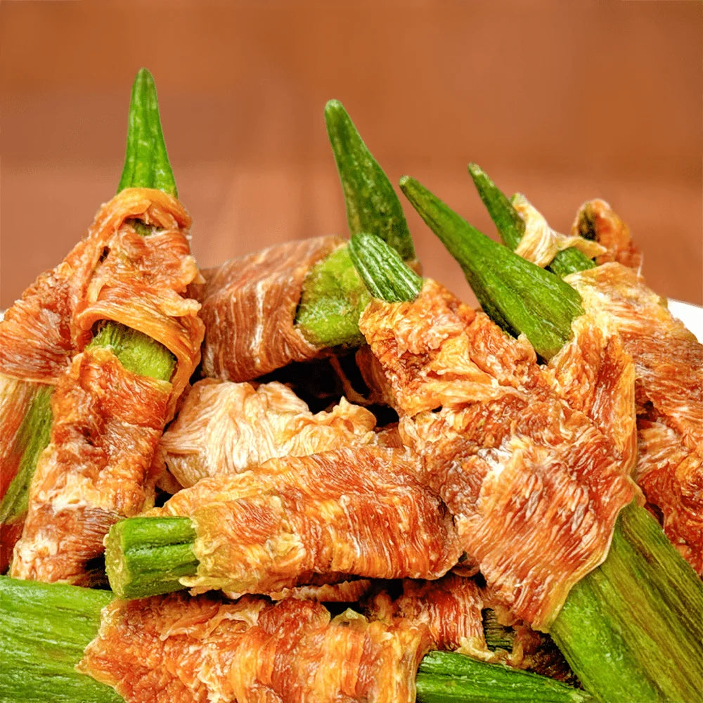 7.05oz/14.11oz (200g/400g) Okra Envuelto en Pato, Ingredientes Totalmente Naturales, Premios Naturales para Perros, Saludable, Fácil de Digerir