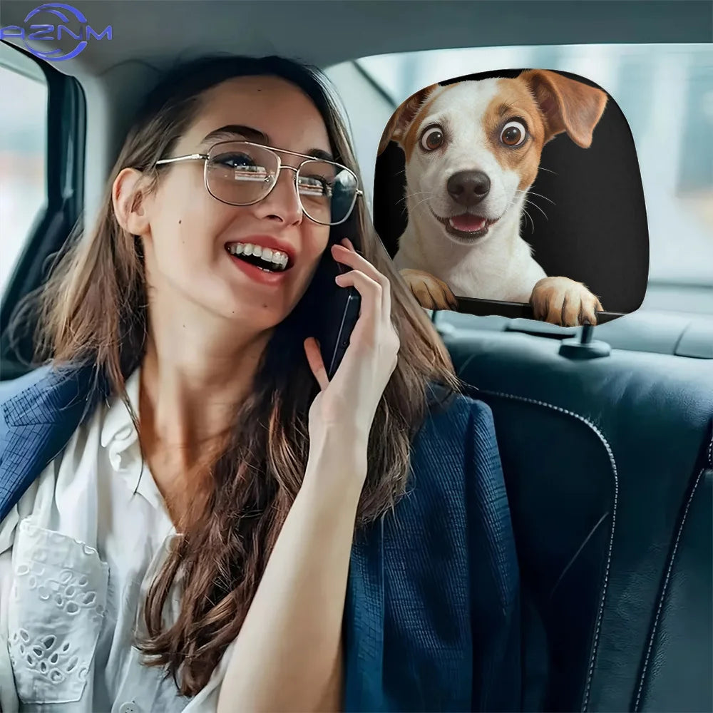2pcs Funny Cute Dog Pattern Car Headrest Covers, Car Interior Decoration, Easy to Install and Washable, Suitable for Long-Dist
