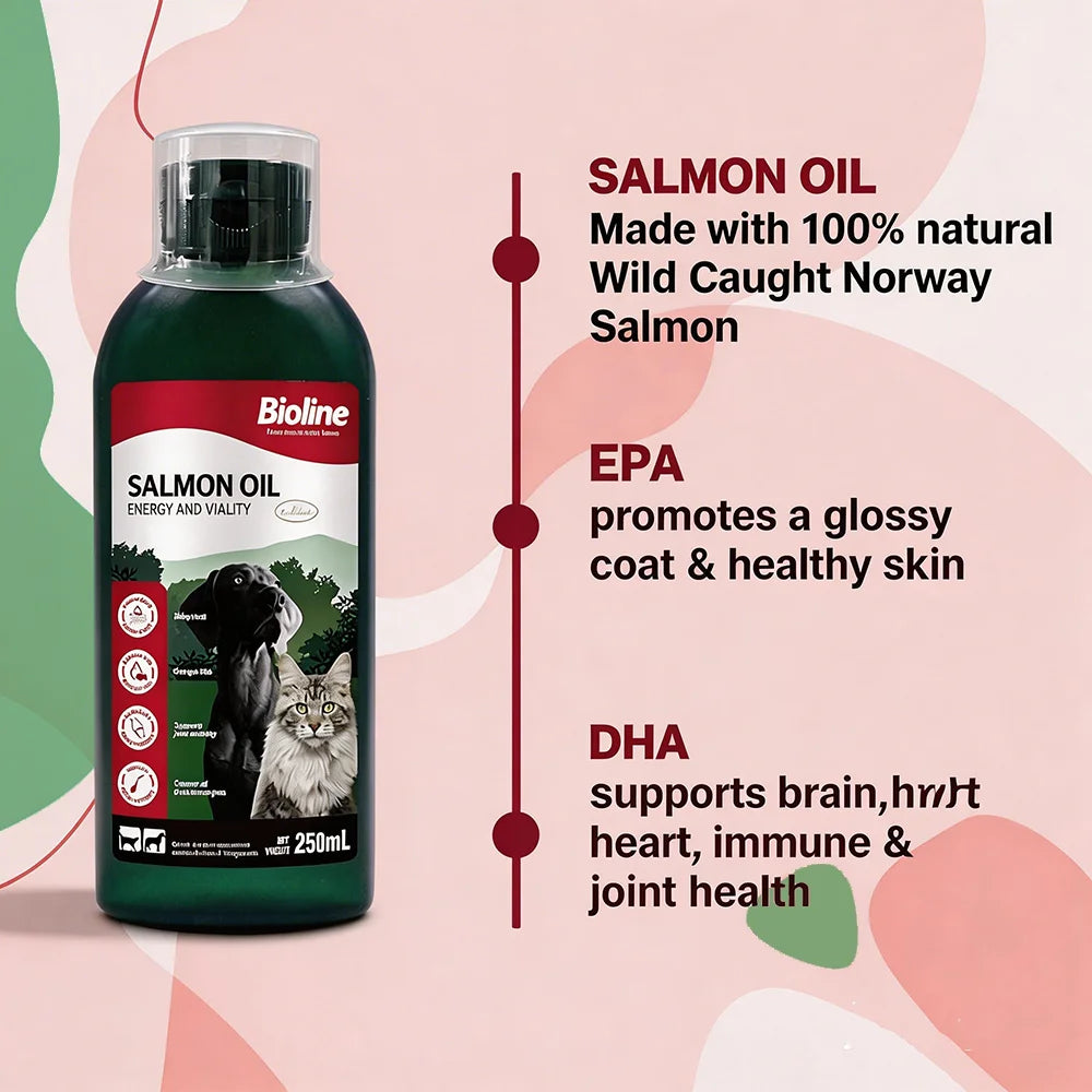 Bioline 250ml SALMON OIL Fish Oil for Dogs & Cats Omega 3 Fatty Acids EPA & DHA for Pets Sensitive Skin Coat Health 8.45 oz