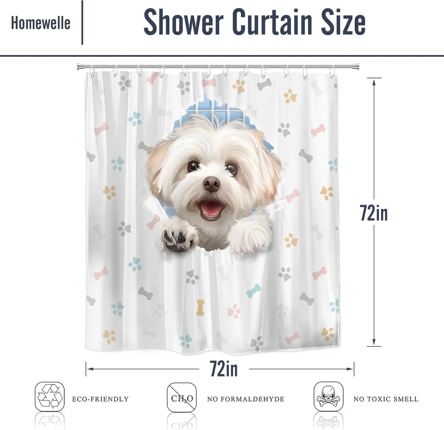 Peeking Puppy Shower Curtain Cute Dog with Bones Bathroom Decor Funny Animal Bath Curtain for Kids Room Decoration