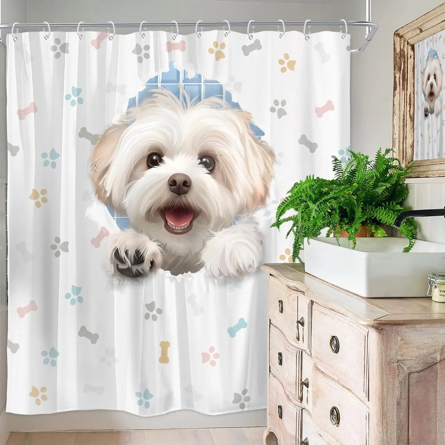 Peeking Puppy Shower Curtain Cute Dog with Bones Bathroom Decor Funny Animal Bath Curtain for Kids Room Decoration