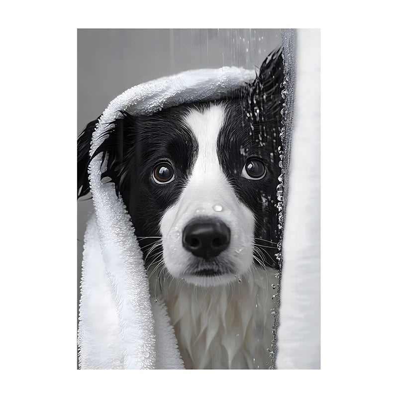Cute Shower Dog Bathroom Decor Poster Dog in Bathtub Print Animal Murals Canvas Painting for Home Decor Dog Lover Gifts