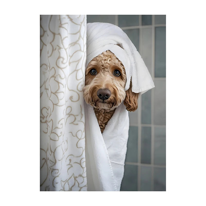 Cute Shower Dog Bathroom Decor Poster Dog in Bathtub Print Animal Murals Canvas Painting for Home Decor Dog Lover Gifts
