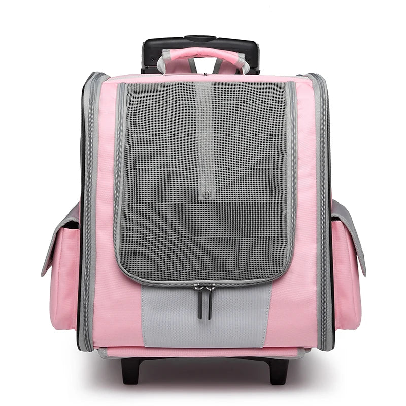 Mochila de Viagem para Cães com Rodas, Carrinho de Cachorro Impermeável, Mochila Transportadora de Animais de Estimação, Mochila de Viagem com Malha para Filhotes e Gatos