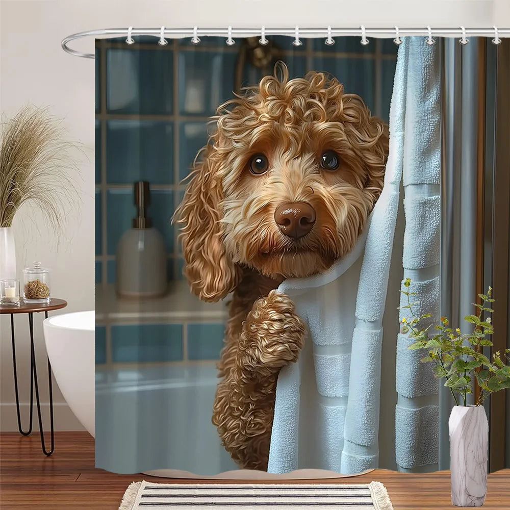 Adorable Poodle Puppy Art Shower Curtain - Creative Realistic Dog Design - Indoor Home Bathroom Decor Art Bath Curtain