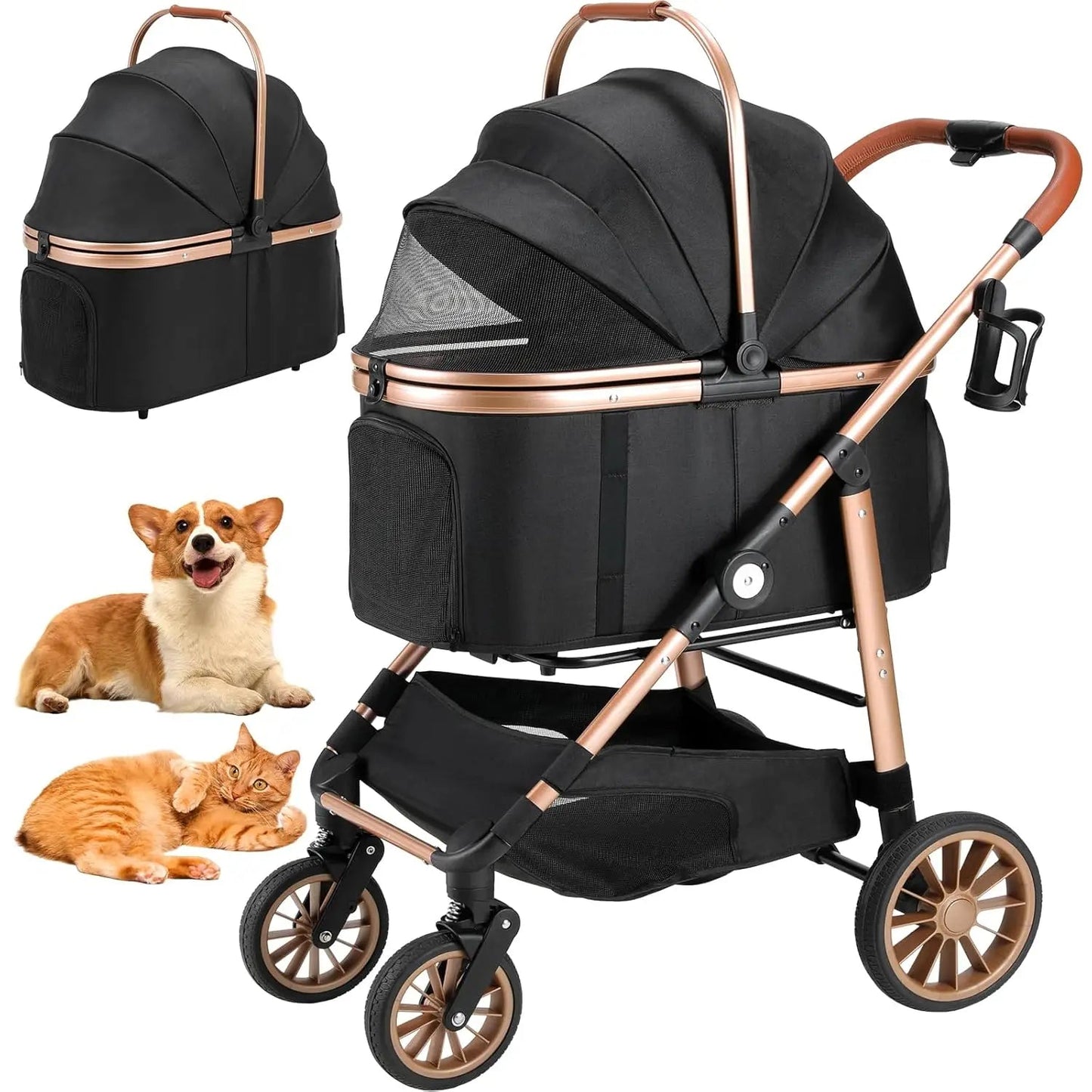 All-Terrain 3-in-1 Pet Stroller for Medium Dogs & Cats Up to 55 lbs, Detachable Carrier, Easy Fold Happy Tails Pet Shop Store