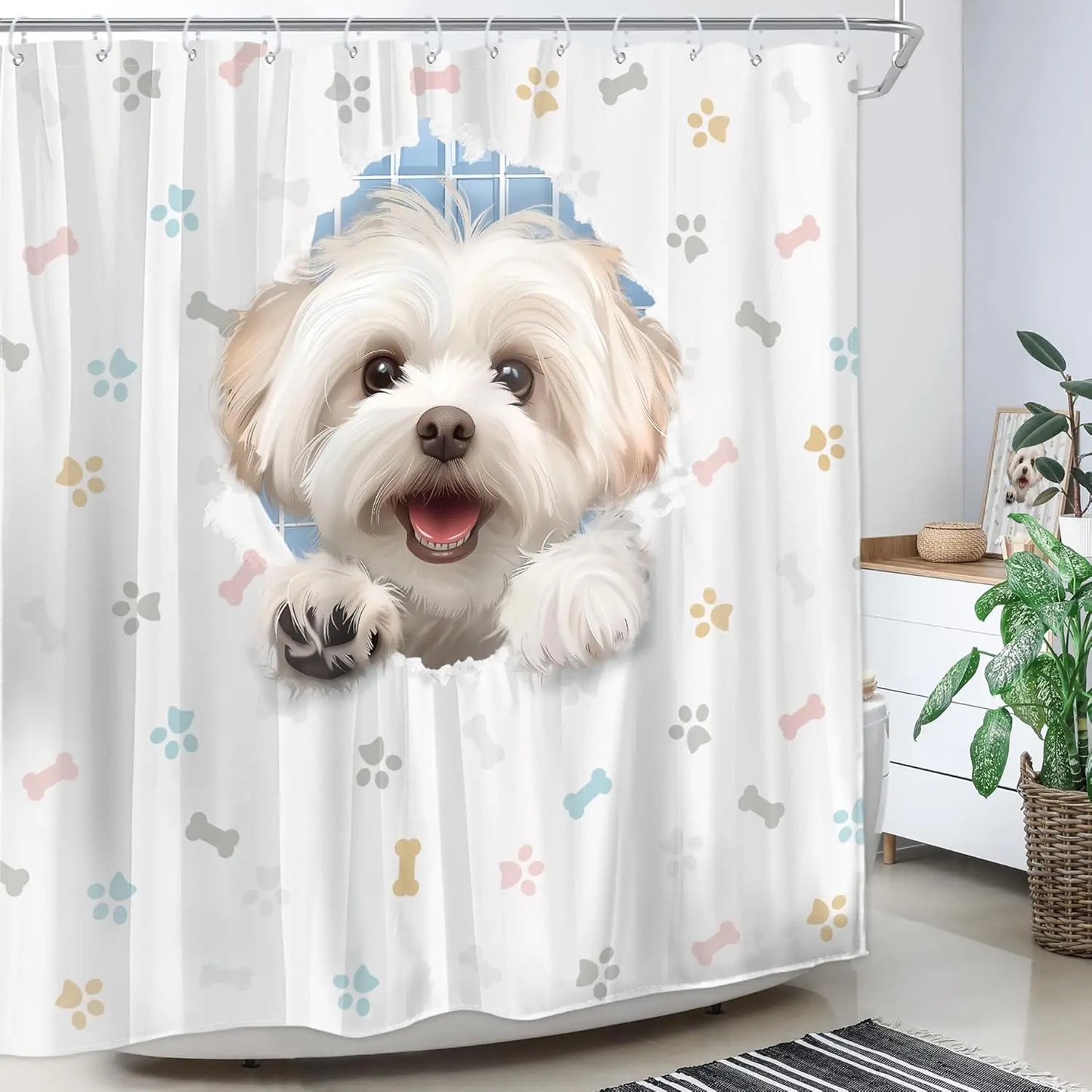 Peeking Puppy Shower Curtain Cute Dog with Bones Bathroom Decor Funny Animal Bath Curtain for Kids Room Decoration