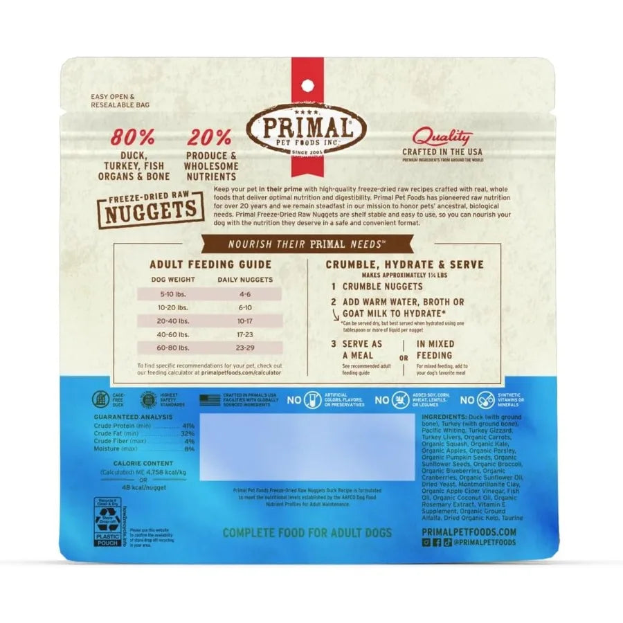 Primal Freeze Dried Raw Dog Food Nuggets Duck Complete and Balanced Meal Also Use as Topper or Treat Premium Healthy Grain Free