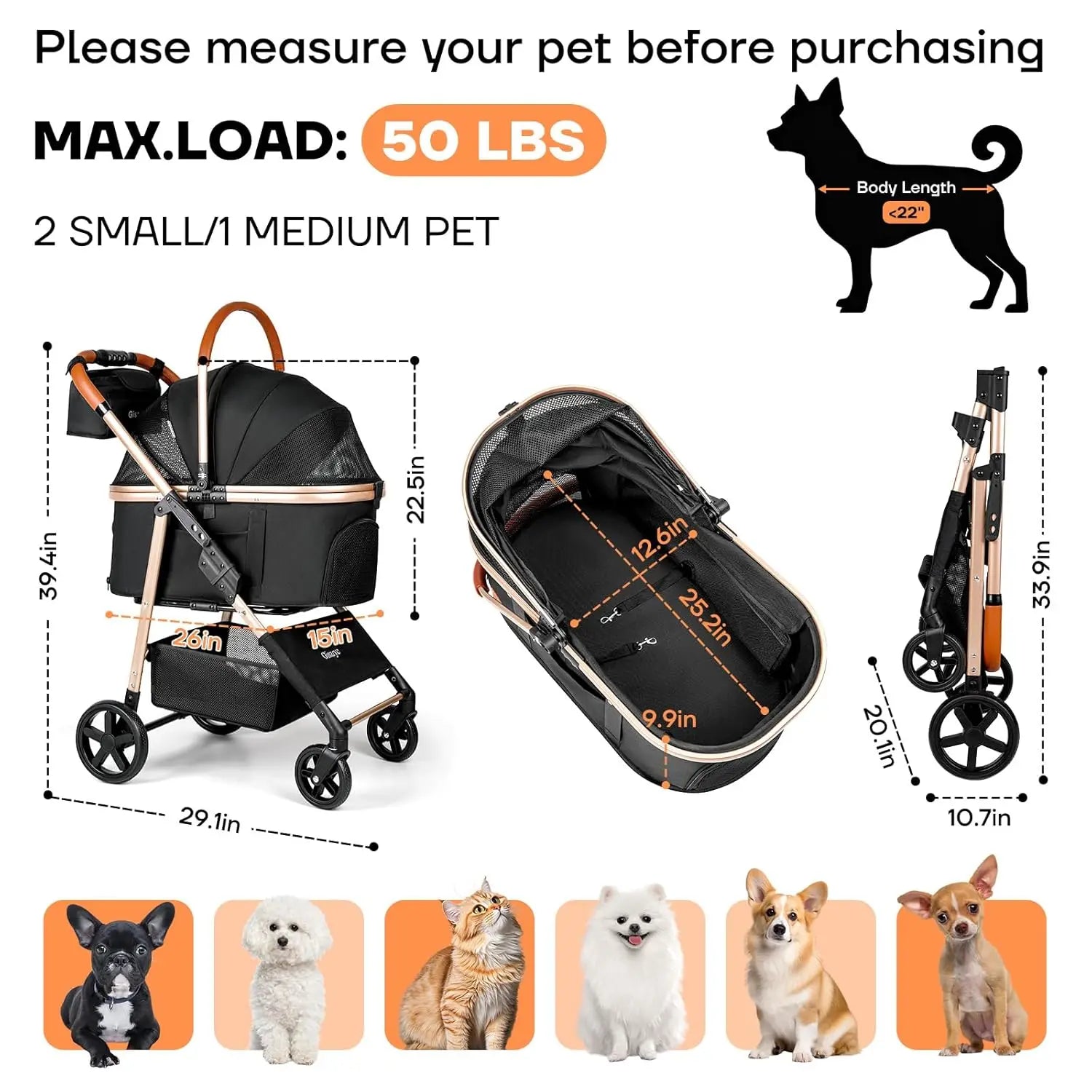 Foldable Pet Stroller for Small/Medium Dogs Cats up to 50 lbs, 3-in-1 with Carrier, Storage, All-Terrain Wheels Happy Tails Pet Shop Store