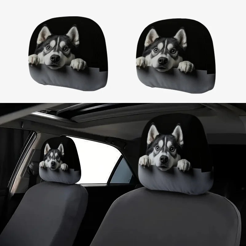 Husky Dog Print Car Headrest Cover 2pcs Cute Husky Pattern Easy Install Seat Protector