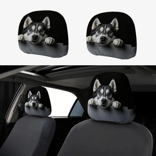 Husky Dog Print Car Headrest Cover 2pcs Cute Husky Pattern Easy Install Seat Protector