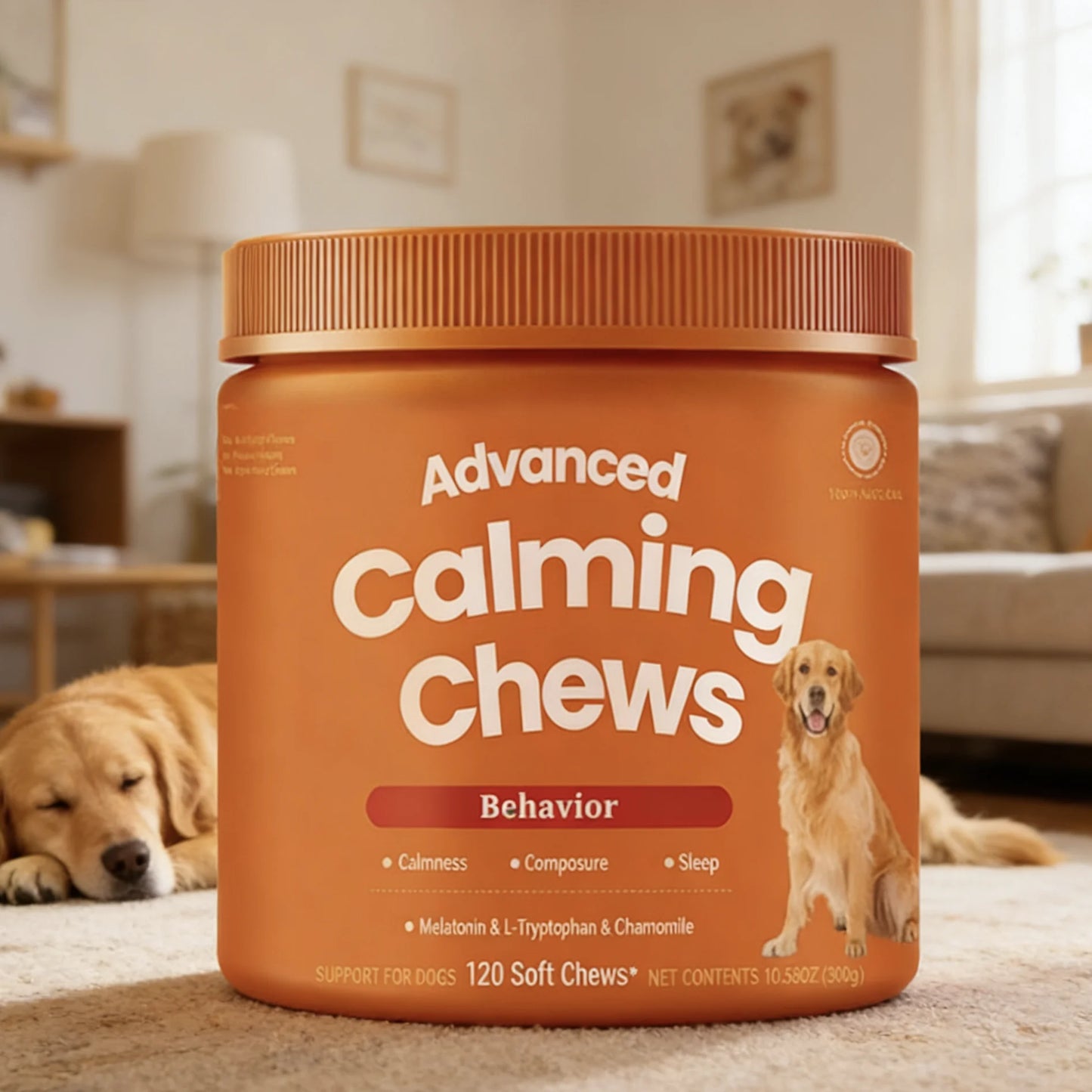 120 masticables calmantes para perros, golosinas naturales para aliviar la ansiedad con melatonina, L-triptófano y manzanilla, suplementos calmantes para perros