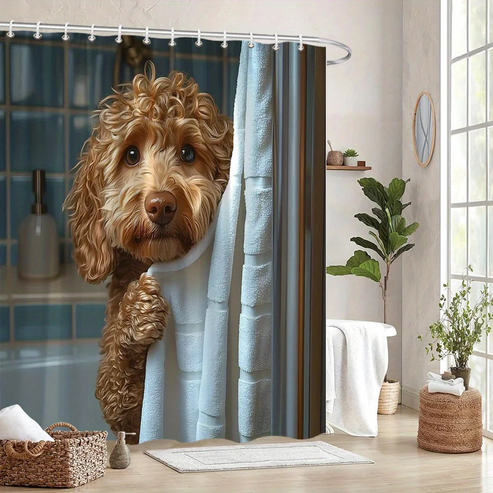 Adorable Poodle Puppy Art Shower Curtain - Creative Realistic Dog Design - Indoor Home Bathroom Decor Art Bath Curtain