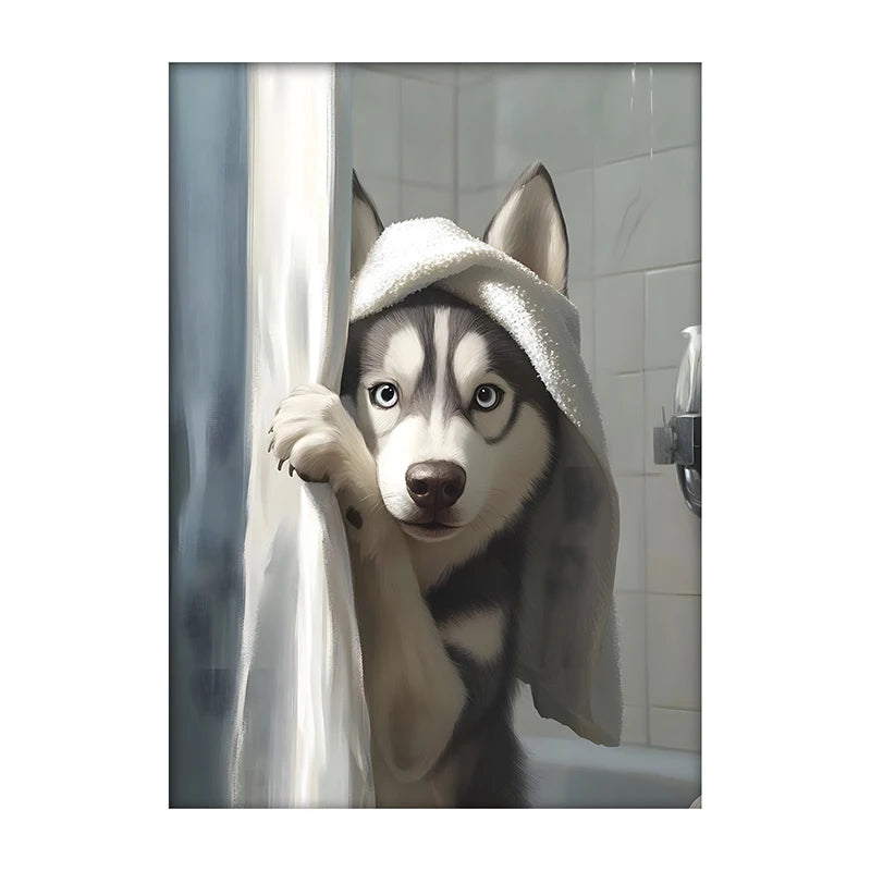 Cute Shower Dog Bathroom Decor Poster Dog in Bathtub Print Animal Murals Canvas Painting for Home Decor Dog Lover Gifts