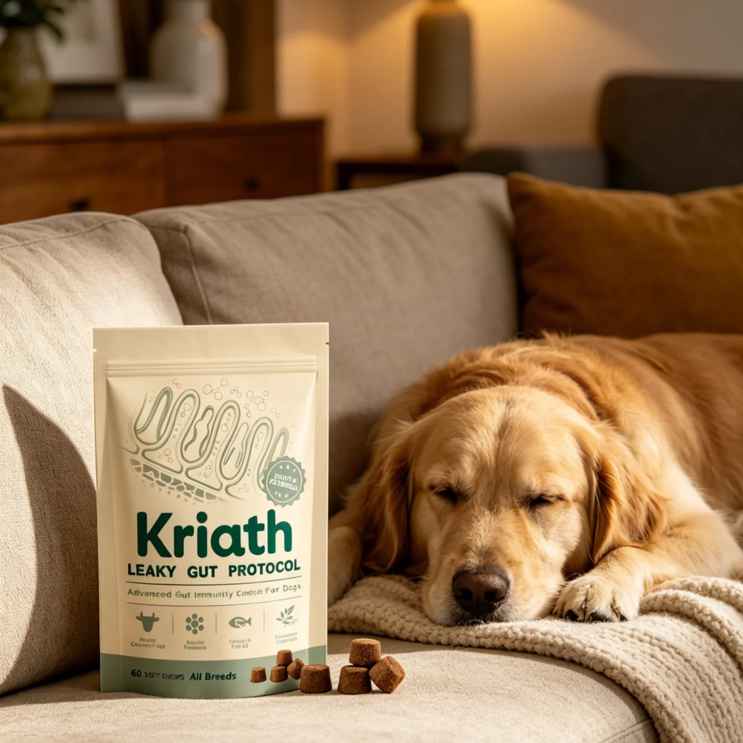 Suplemento Kriath Daily Gut Care Alivia o desconforto gastrointestinal Cabelos macios e sedosos Protege a saúde Probiótico em soft chew para cães