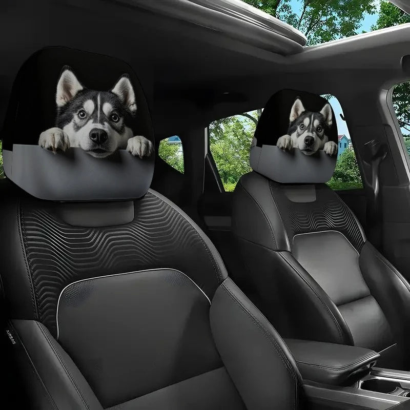 Husky Dog Print Car Headrest Cover 2pcs Cute Husky Pattern Easy Install Seat Protector