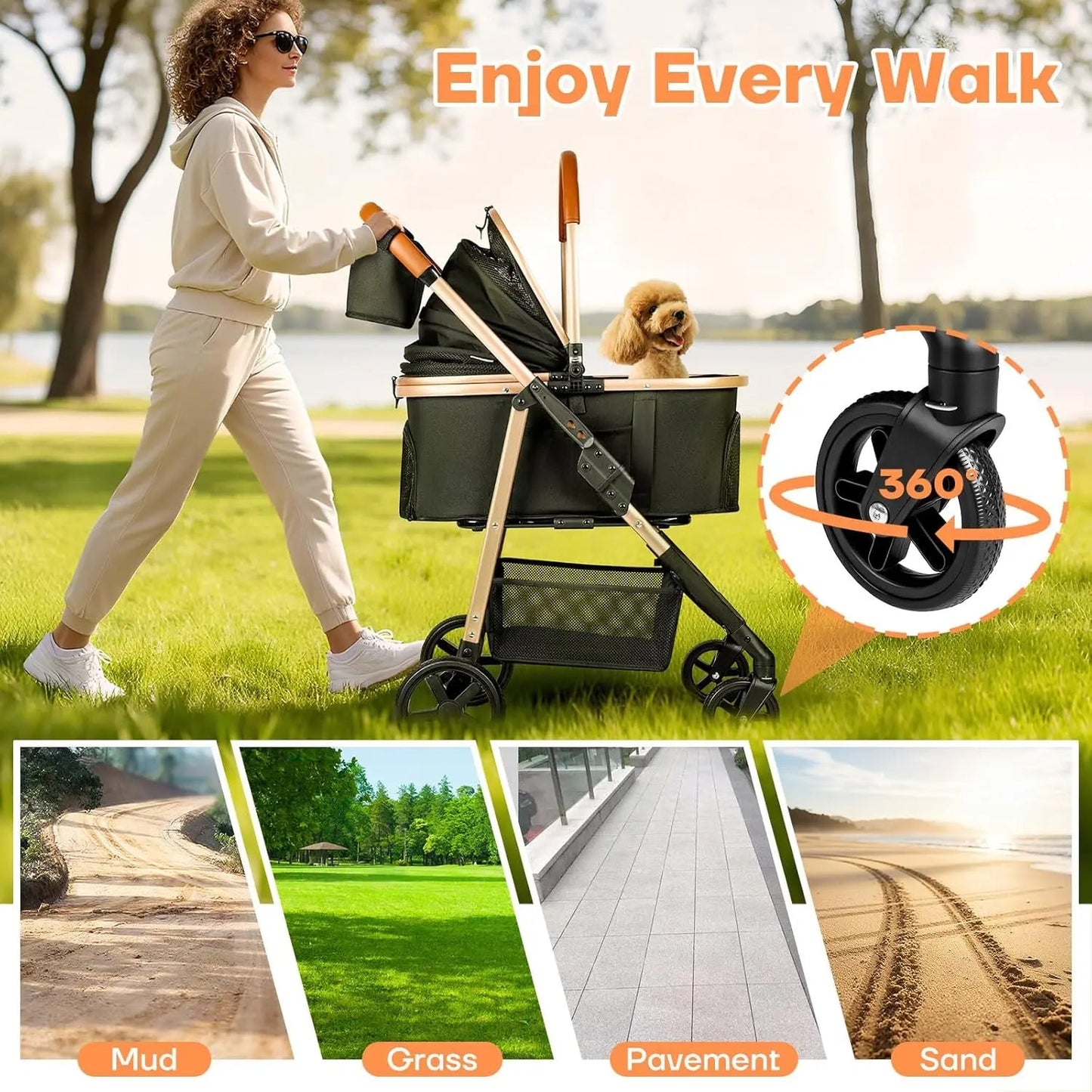 Foldable Pet Stroller for Small/Medium Dogs Cats up to 50 lbs, 3-in-1 with Carrier, Storage, All-Terrain Wheels Happy Tails Pet Shop Store
