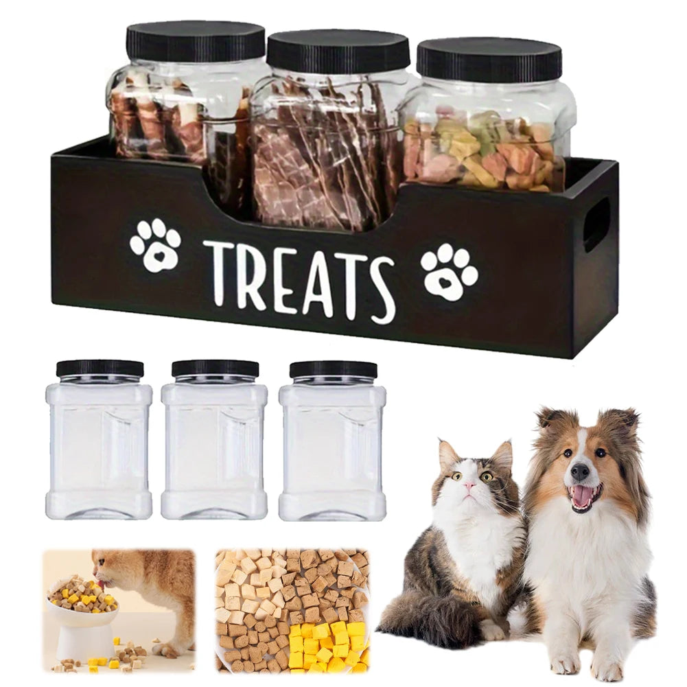 Wooden Pet Snack Storage Box with Plastic Treat Jar Food Storage Holder (Black) Happy Tails Pet Shop Store