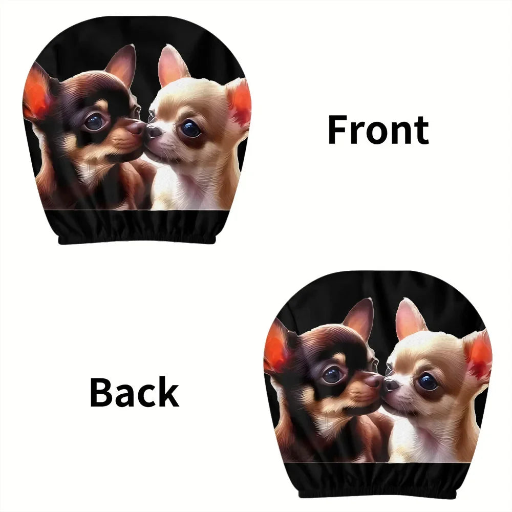 Universal Cute Chihuahua Printed Car Headrest Cover 2pcs Polyester Washable Easy Install All Season Dog Pattern Auto Interior